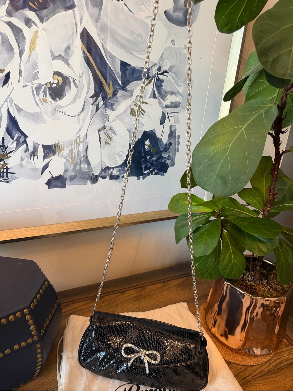 Brighton Black Patent Bow Accent Chain Shoulder Bag
